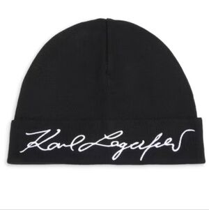 Karl Lagerfeld Paris | Stretch‑Wool Logo Beanie | Black & White | One Size